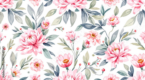 Seamless pattern watercolor background pattern pink flowers on white background
