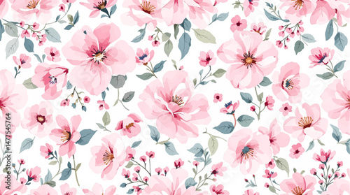 Pink watercolor flowers background for design. Floral border frame card template.