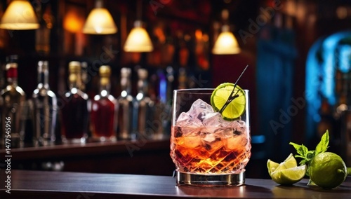 Cocktail on bar counter in a restaurant, pub. Fresh drink. Alcoholic cooler beverage at nightclub on dark background.