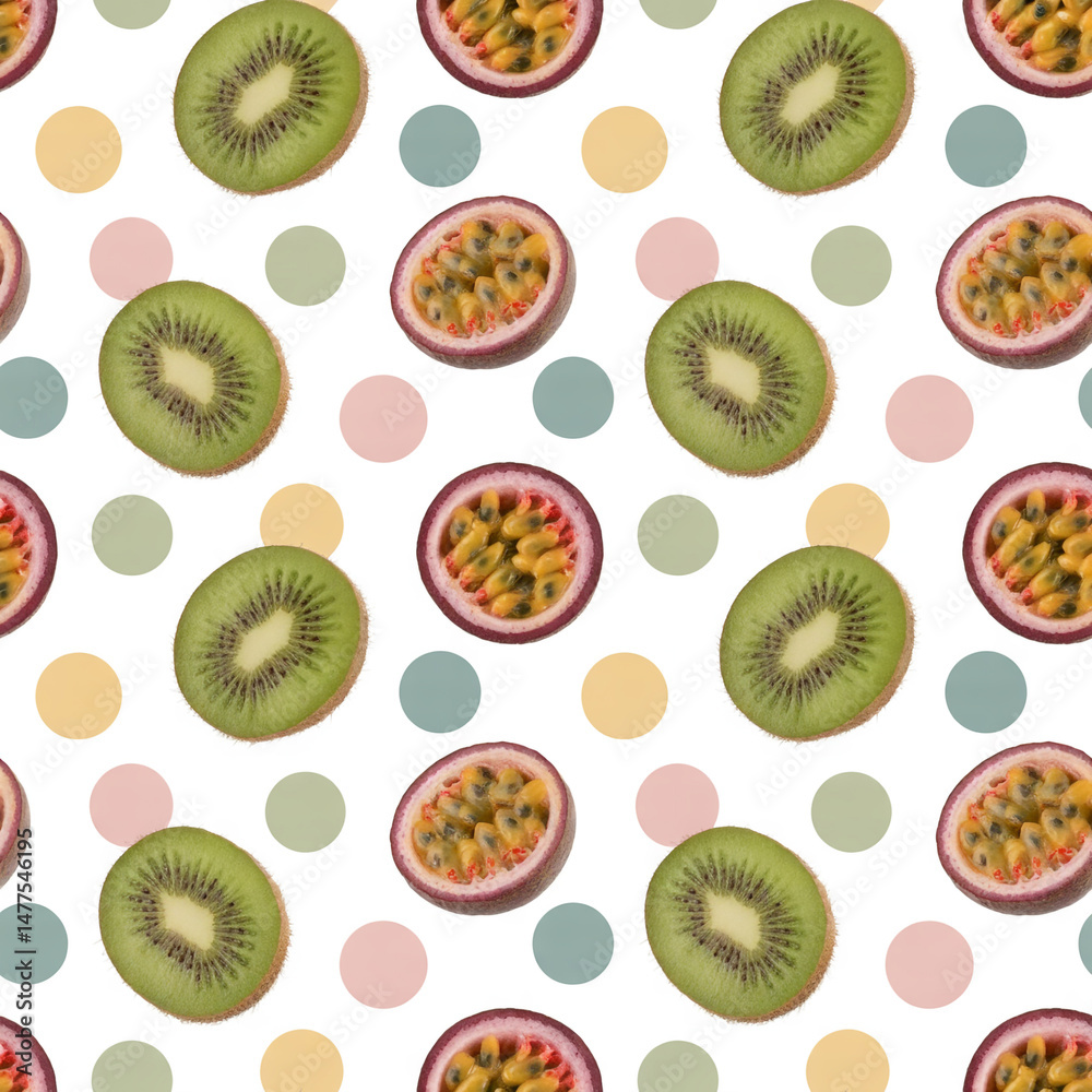 Fototapeta premium Seamless pattern of fresh kiwi and passion fruit with pastel polka dots