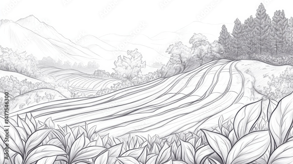 Fototapeta premium Scenic Black and White Landscape with Rolling Fields and Trees