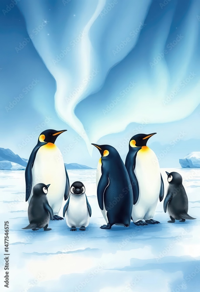 Fototapeta premium Emperor Penguins Under the Aurora Australis