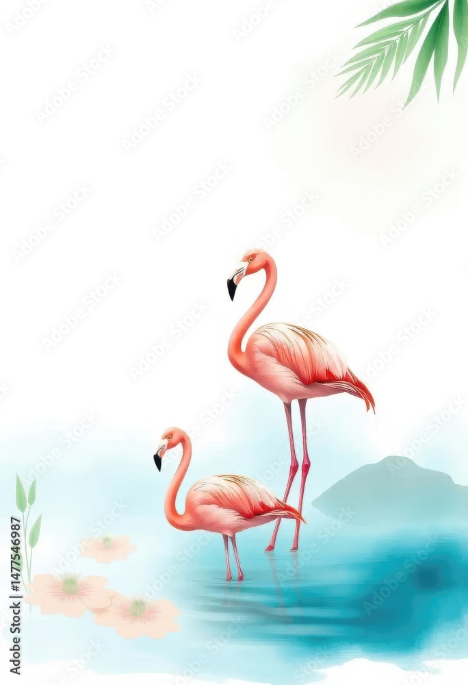 Elegant Flamingos in Serene Waters A Watercolor Painting Elegant Flamingos in Serene Waters A Watercolor Painting