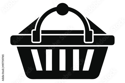 Black shopping basket icon presents handle and linear bottom design isolated on white