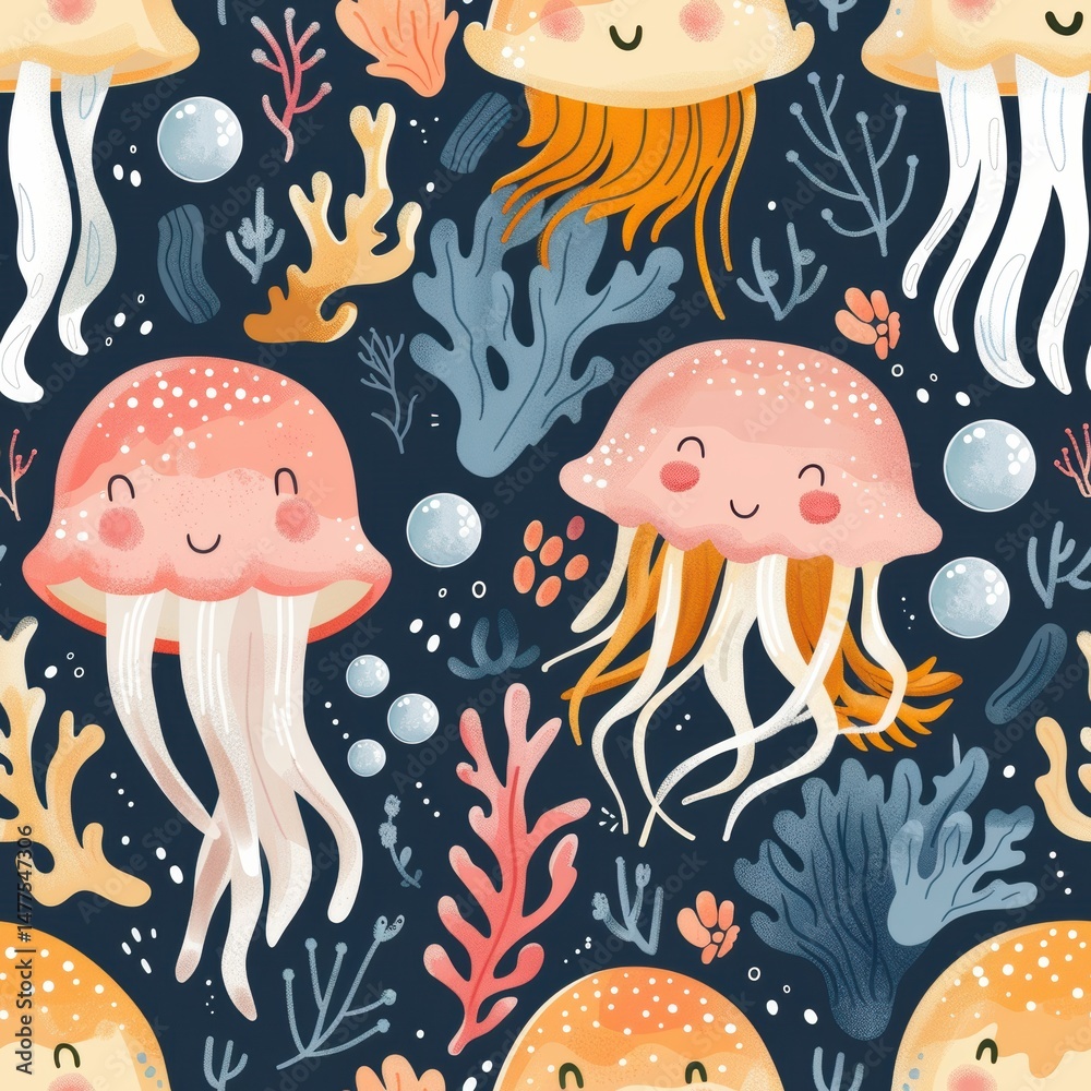 seamless repeating pattern of bright cartoon jellyfish, fish, seahorses, starfish, and undersea plants seamless repeating pattern of bright cartoon jellyfish, fish, seahorses, starfish, and undersea plants