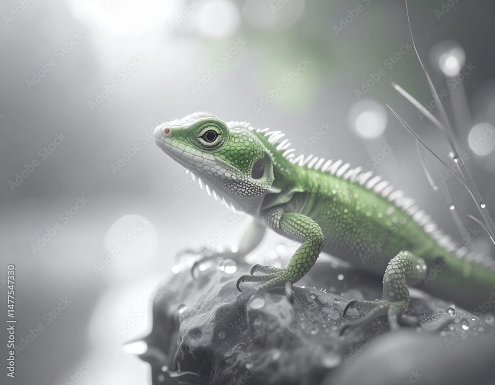 Fototapeta premium Portrait of Imaginary Green Lizard on a Rock