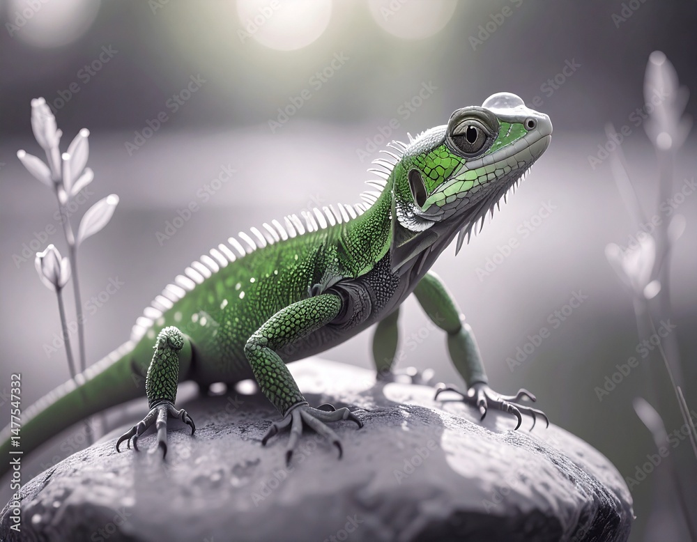 Obraz premium Portrait of Imaginary Green Lizard on a Rock
