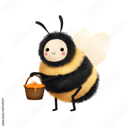 A super-cute cartoon bee with a fluffy body and tiny rosy cheeks, carrying a tiny basket full of honey, isolated with white background.
