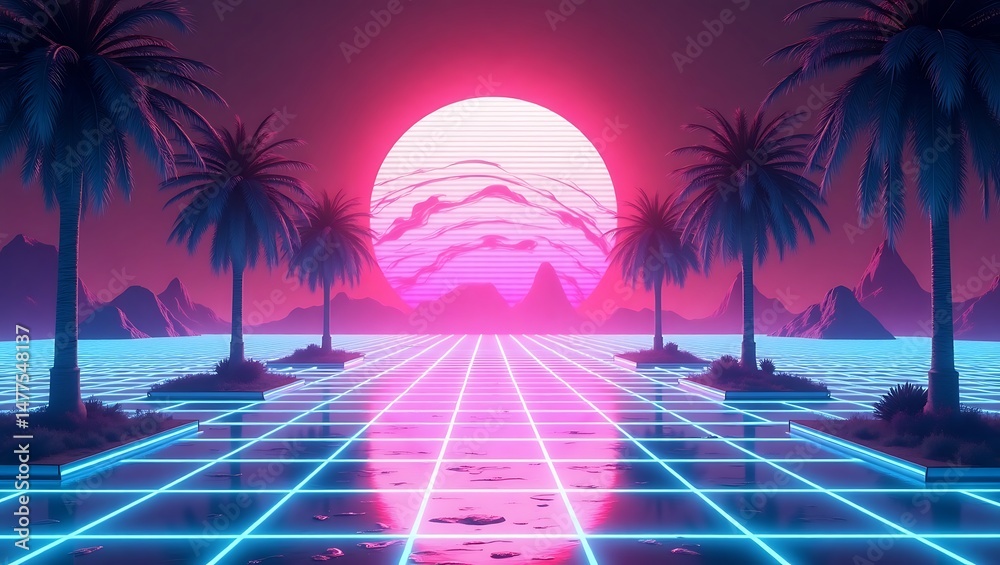 Naklejka premium Synthwave Sunset Retro Futuristic Palm Tree Paradise