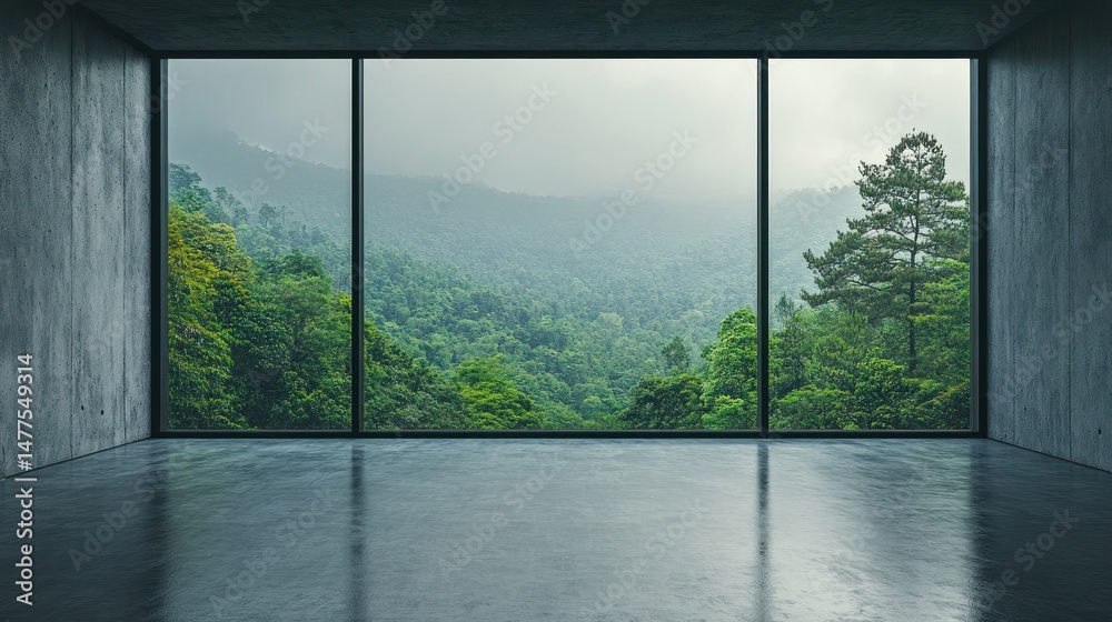 Fototapeta premium Minimalist room with panoramic mountain view.