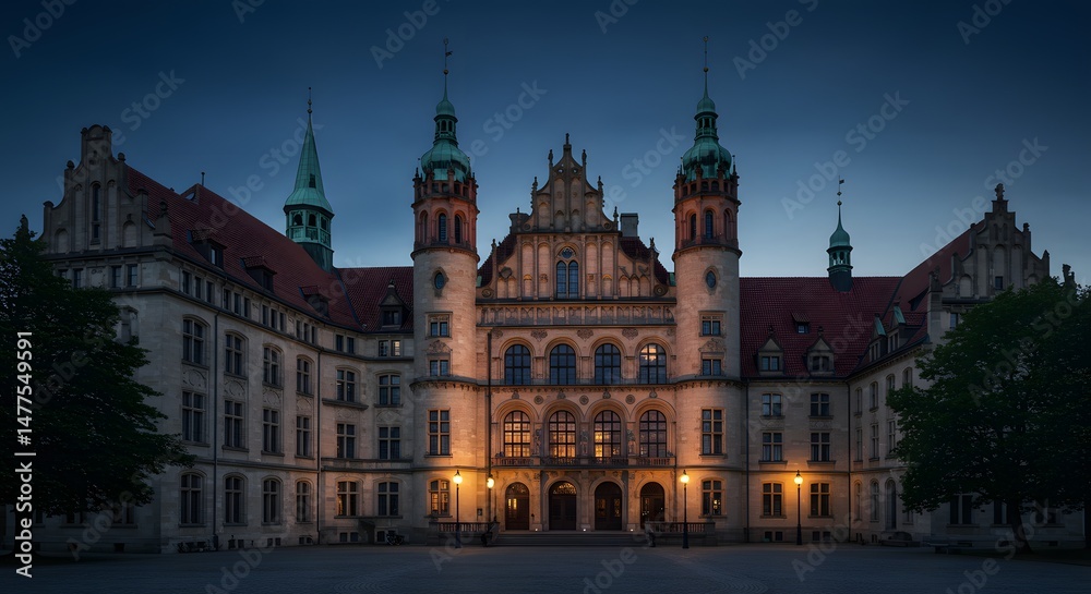 City Hall Building Lit Up at Dusk with Architectural Details City Hall Building Lit Up at Dusk with Architectural Details