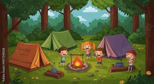Kids Camping with Bonfire Cartoon Illustration in Forest Scene