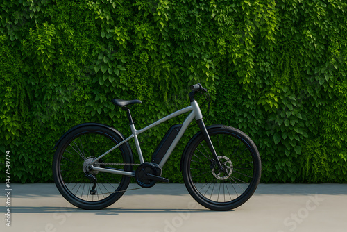 Modern electric bicycle parked against lush green vertical garden wall, representing eco-friendly transportation, green mobility, and the growing adoption of electric vehicles in urban sustainability
