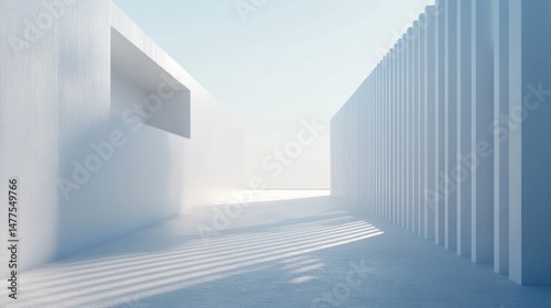Minimalist white architecture, sunlit interior space with geometric shapes and shadows.
