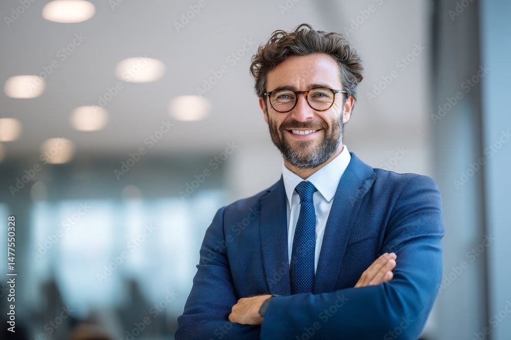 Fototapeta premium Confident Professional Businessman in Blue Suit with Glasses and Beard – Corporate Portrait in Bright Modern Office, Natural Lighting, Leadership Image, High Resolution, Sharp Focus Stock Photo