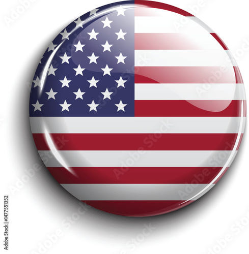 Glossy round icon with the USA flag. Red, blue and white button with 3D shine, symbolizing patriotism and national identity. Great for UI, apps, infographics, and global content.