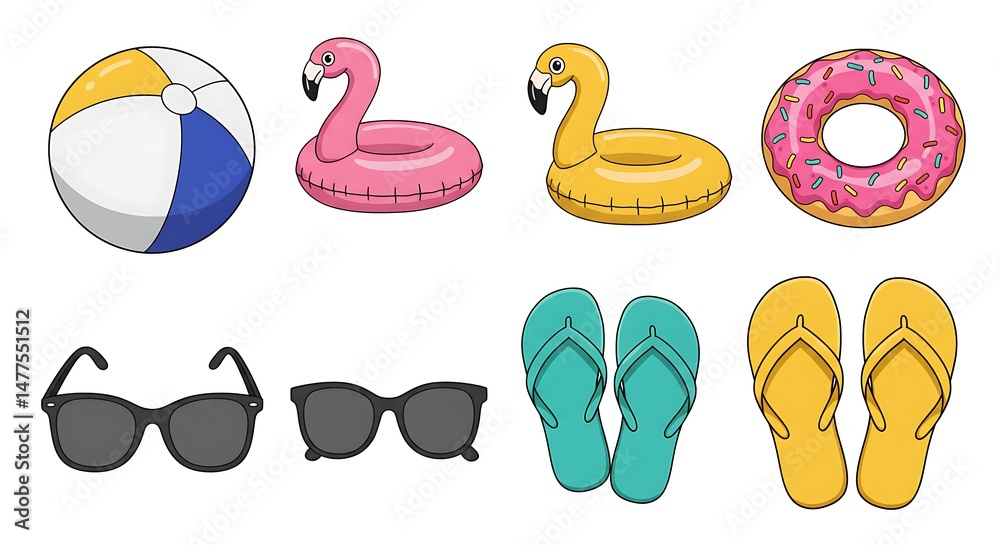 Fototapeta premium Summer Vacation Beach Items Collection Beach Ball Sunglasses and Floaties