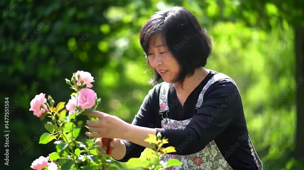 Woman tending a rose garden Woman tending a rose garden