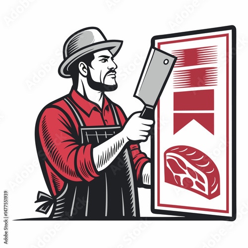 A seasoned butcher, hands calloused, confidently holds a meat cleaver amidst a display of richly marbled, char-grilled meat cuts.  The scene is gritty and realistic.
