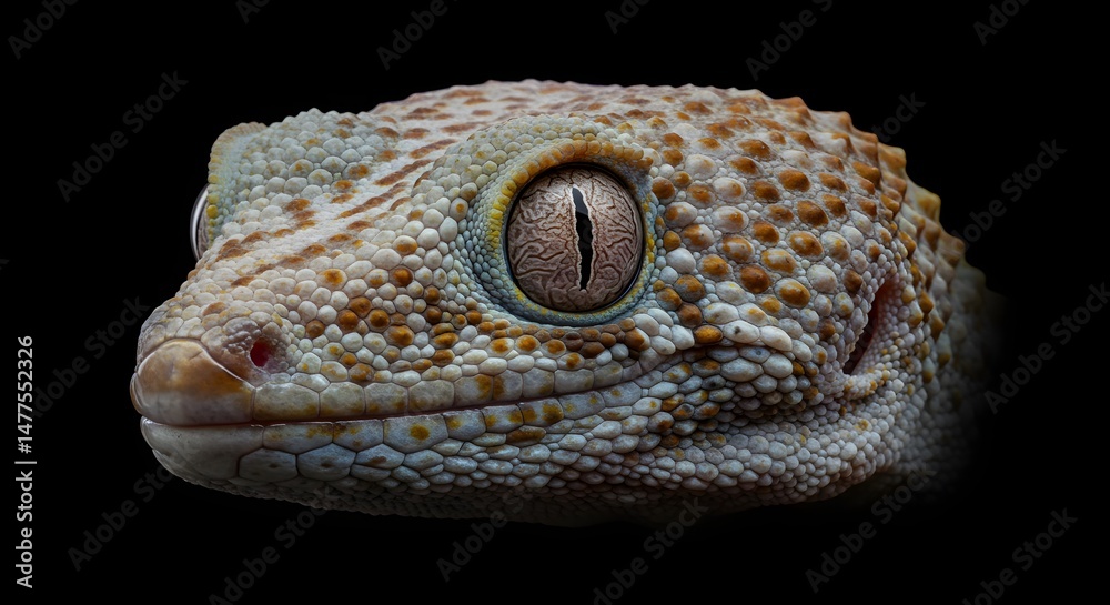 Fototapeta premium Close-up Gecko Head with Detailed Scales and Unique Eye on Dark Background