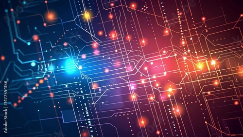 Vibrant Abstract Background with Glowing Lines and Dots Colorful Representation of Digital Technology and Connectivity, Evoking Energy and Innovation.