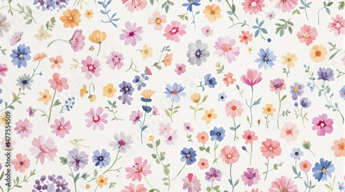 Blue watercolor flowers background for design. Floral border frame card template.