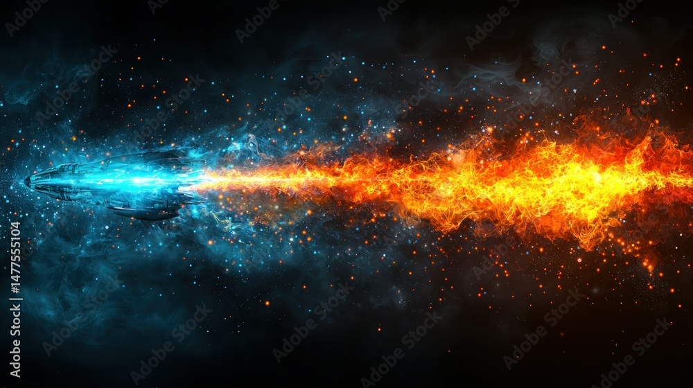 Fototapeta premium Abstract clash of cool blue and warm orange energy on black