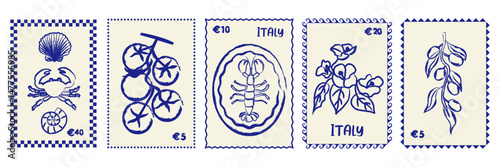 Mediterranean stamp card design. Vintage Italian print with seafood, tomatoes, flowers, and olive motifs. retro frame design for postcards, , packaging, menus, wall art and invitation cards.