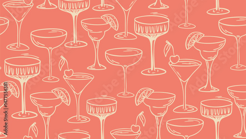 Seamless cocktail glass pattern in hand drawn retro style