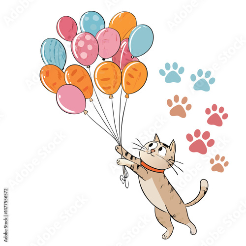 A whimsical illustration of a cat serenely floating amidst a cluster of balloon-shaped paws.  Emphasis on vibrant, playful colors and a lighthearted, surreal style.