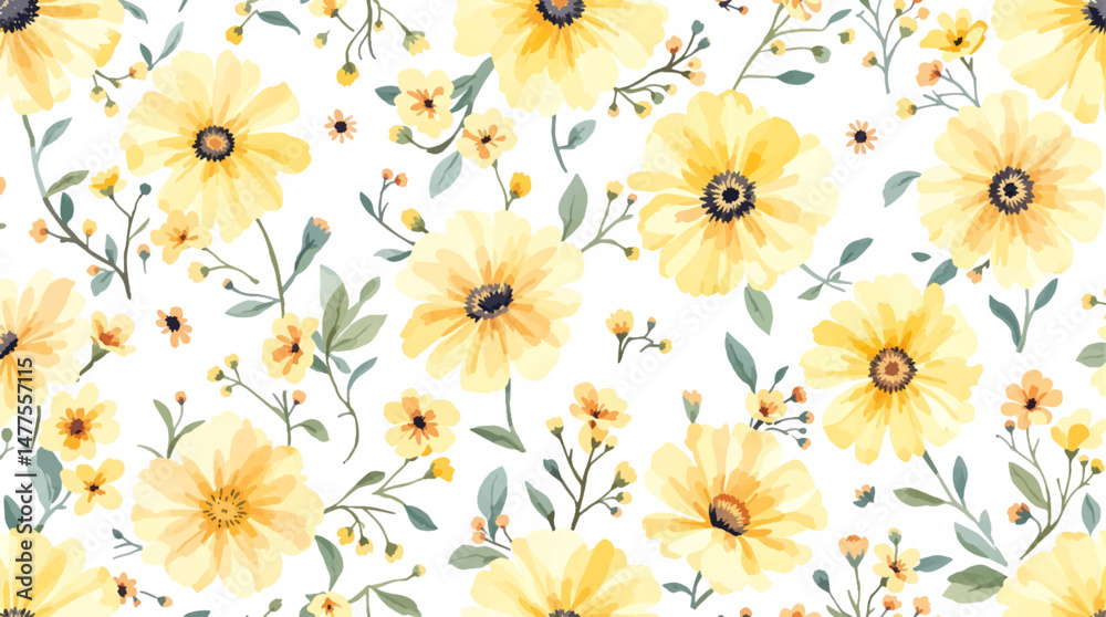 Seamless pattern of sunflower painted with watercolors on yellow background Seamless pattern of sunflower painted with watercolors on yellow background