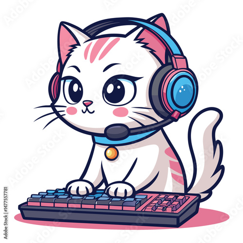 A cute cat wearing a headset, intensely focused on an RGB keyboard during a gaming session.  The scene is lit with vibrant RGB lighting.