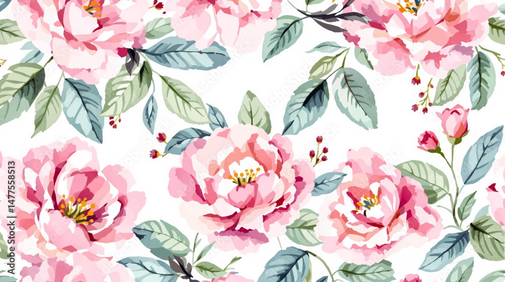Obraz premium Seamless pattern watercolor background pattern pink pions flowers on white background 