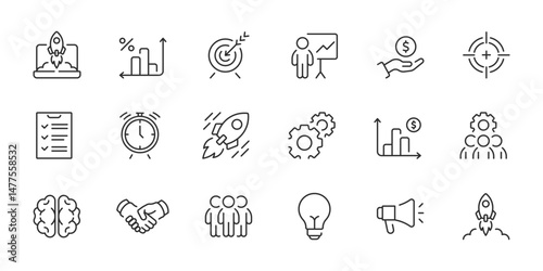 Explore a versatile collection of effective line icons ideal for startup themes and business launches. Perfect for enhancing presentations and web design for a polished, professional appearance