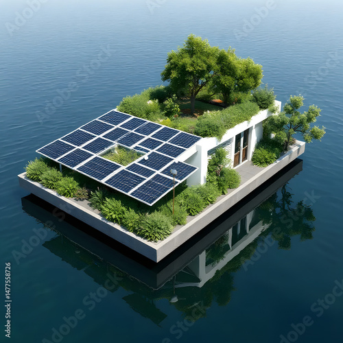 Floating eco house with solar panels and green roof garden on calm water, representing sustainable architecture, off-grid living, renewable energy, and innovative eco-friendly housing solutions
