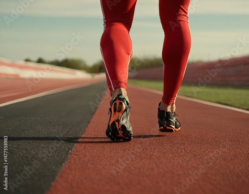 Athletic man in red leggings running on a deserted track during the golden hour.