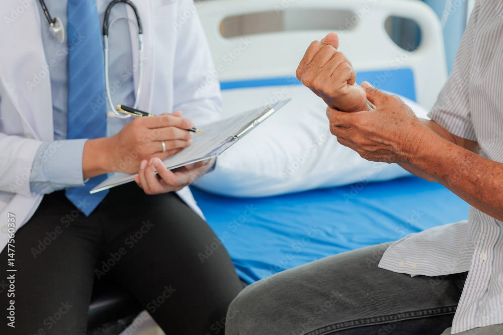 Elderly man seeks medical advice for wrist pain after strenuous work, consulting a specialist to discuss symptoms and possible treatment.