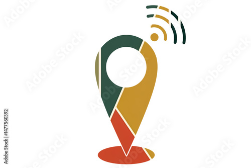 Modern abstract icon of a colorful GPS location pin with signal waves, combining orange, green, and yellow tones 70s retro colors. Ideal for business, navigation, or communication themes.