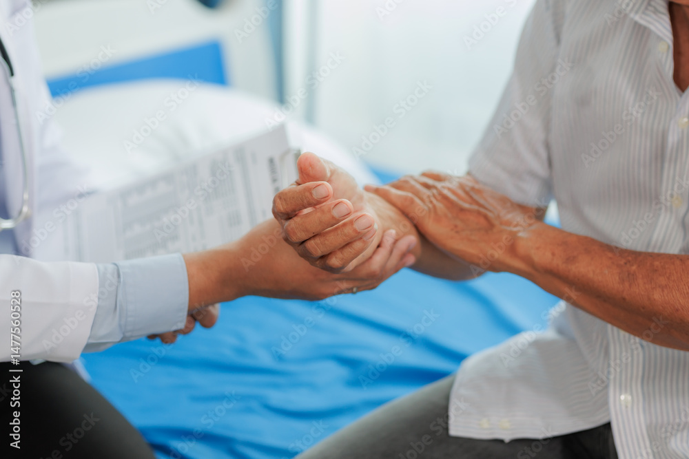 Elderly man seeks medical advice for wrist pain after strenuous work, consulting a specialist to discuss symptoms and possible treatment.