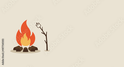 Campfire with roasting marshmallow on a stick in minimalist style  