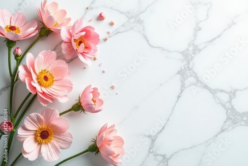 White marble background with delicate flowers, high resolution, marble