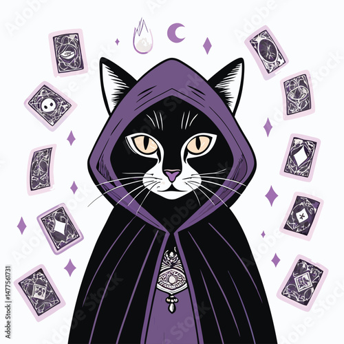 A mystical black cat spirit, wearing a flowing gothic cloak, levitates amidst swirling tarot cards; ethereal and moody lighting.
