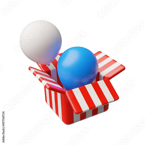 Realistic white and blue inflated balloons fly out from red stripes box, 3d vector American Independence day celebration