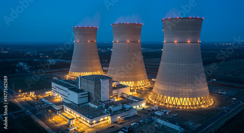 Night view of nuclear plant with cooling towers illuminated creating contrast