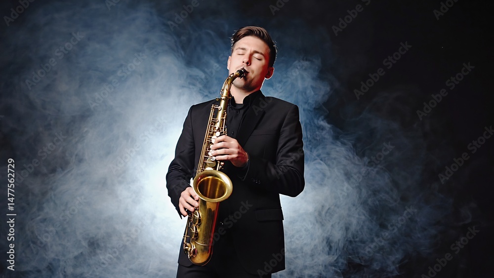 Naklejka premium A focused musician plays saxophone in smoky setting.