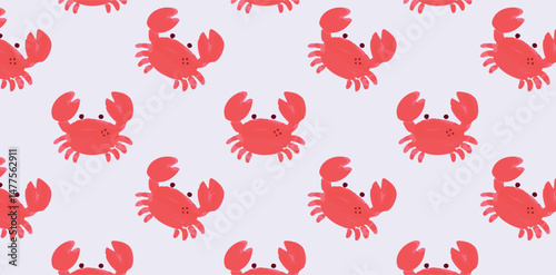 Seamless pattern with red watercolor crabs on light pastel background. Hand drawn marine animals in flat doodle cartoon style. Vector repeat design for wrapping paper or fabric surface.