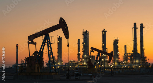Silhouette of oil pumps and refinery towers at sunset illuminating resource extraction photo