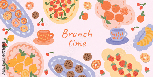 Brunch food and drinks on pastel background. Cherry tart, croissant, lemon and strawberry, cookies, cups, orange slices. Summer flat design for cafe menu, social media, posters.