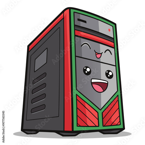 Create a cute chibi illustration of a PC tower displaying various facial expressions reflecting different levels of lag, from mild slowdown to complete system crash.
