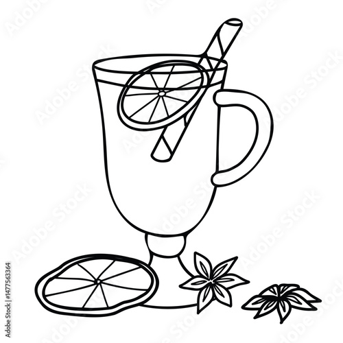 Mulled wine composition. Gluhwein glass with dried Orange Slice and Anise stars. Black and White hand drawn vector Sketch illustration in Doodle style. Winter wine drink Line art for cafe, bar menu
